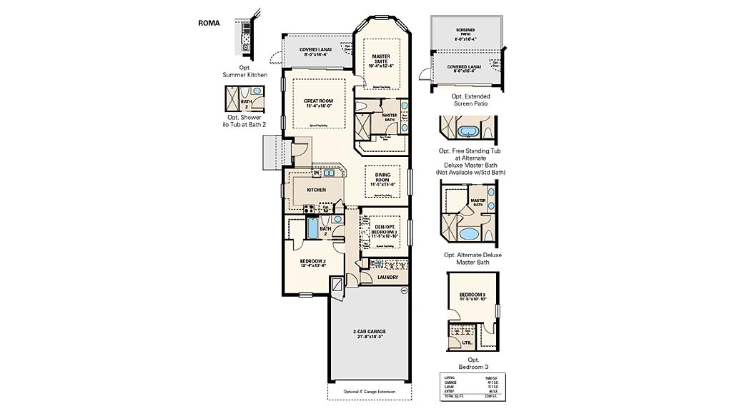 Roma Floor Plan at Hacienda Lakes, Naples by Taylor Morrison, 1,676 Square Feet, 2 Bedrooms, 2 Baths, 2 Garage, 1 Story